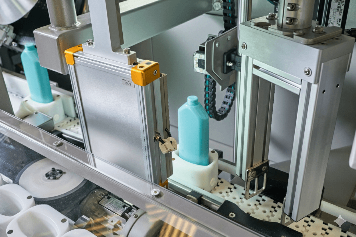 Robotic bottle unscrambler with pucks and orientation function